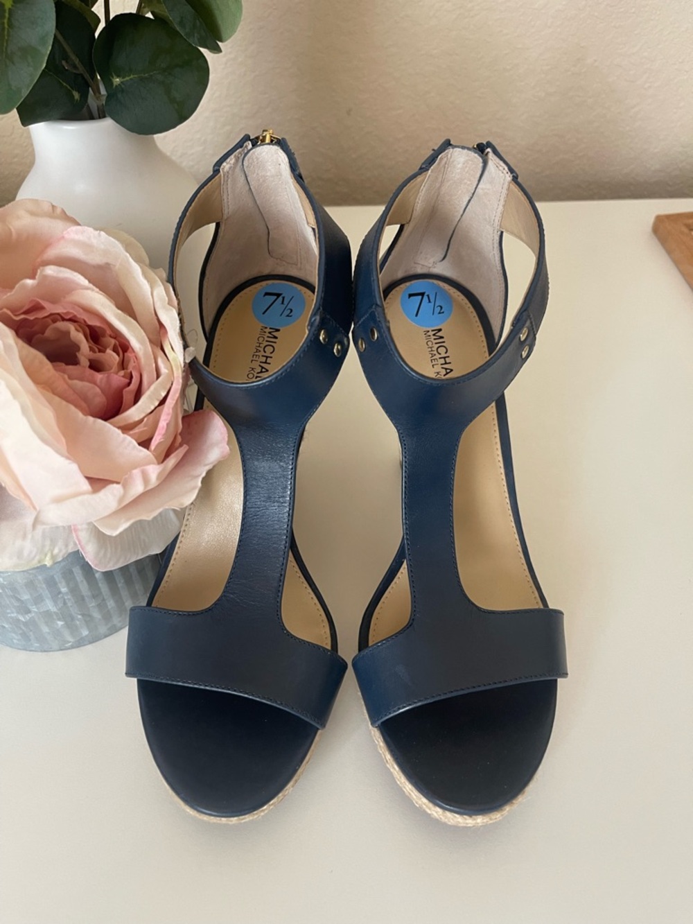 Michael Kors Navy T-Strap Wedge Sandals